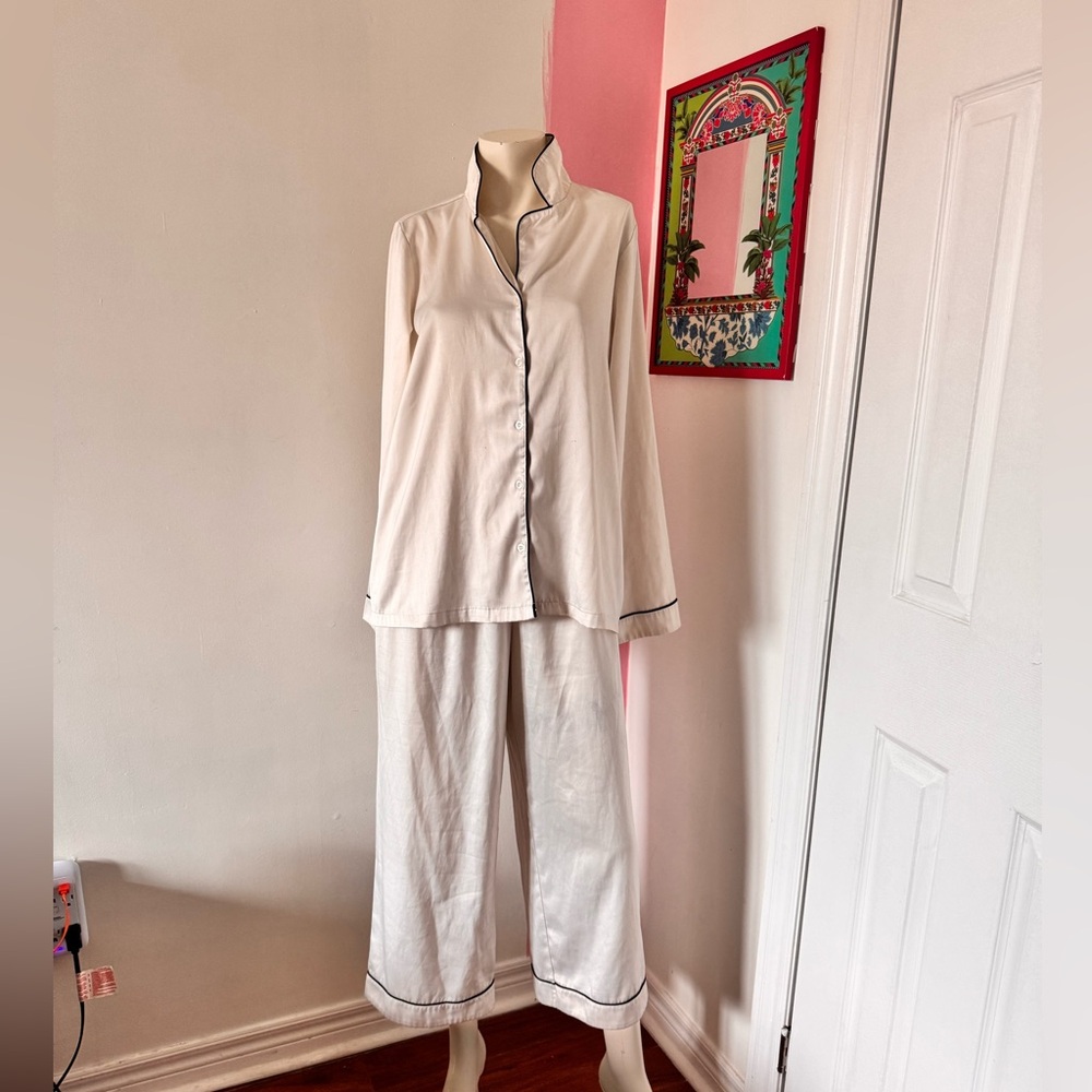 Women’s Ivory White PJ Set with Black Piped-Trim Details